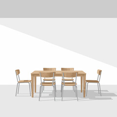 Minimalist Dining Room Illustration with Wooden Table and Chairs in Natural Light Creating a Serene Atmosphere