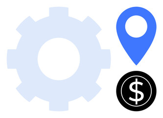 Large gear, blue location pin, black dollar sign. Ideal for business, operations, logistics, finance, navigation economics teamwork. Simple flat metaphor