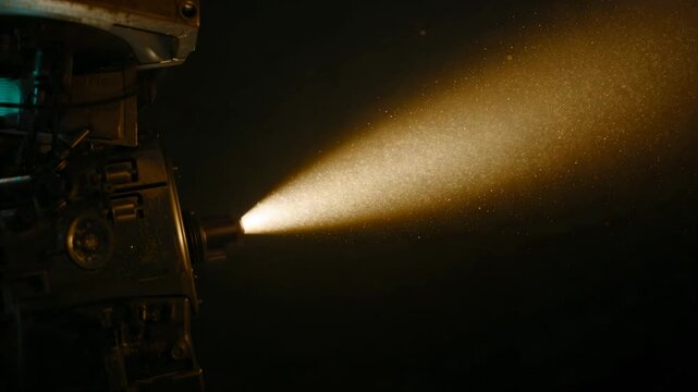 Applying power to vintage projector projecting beam through lens housing revealing dust, copy space