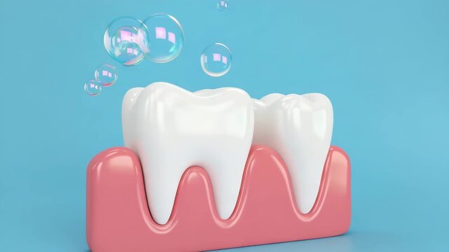Sparkling 3D Teeth with Gums and Bubbles on Blue Background for Dental Concept