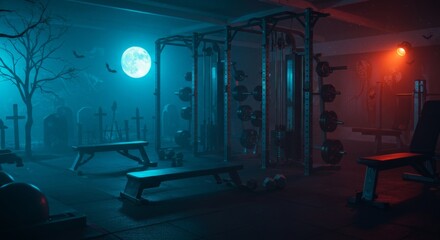 Spooky Halloween gym with weights and full moon