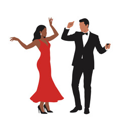 Couple dancing joyfully in formal attire on a white background  