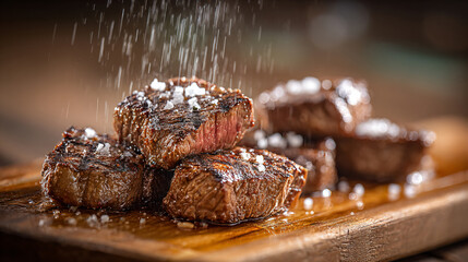 Juicy grilled picanha steak on wooden cutting board, sliced with coarse salt on top. Close up 