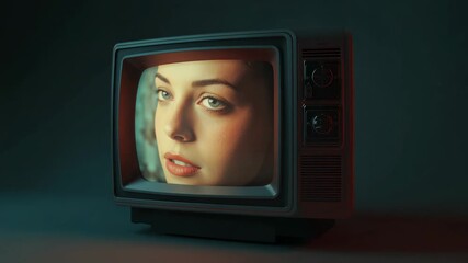 Starting CRT set playback showing woman blinking, shifting gaze in studio with teal and red lights - Powered by Adobe