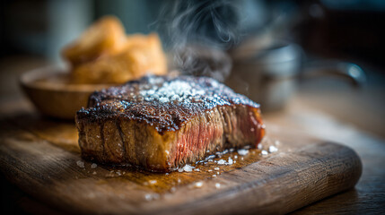 Juicy grilled picanha steak on wooden cutting board, sliced with coarse salt on top. Close up