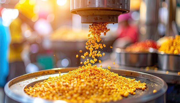 Popcorn kernels pouring from machine