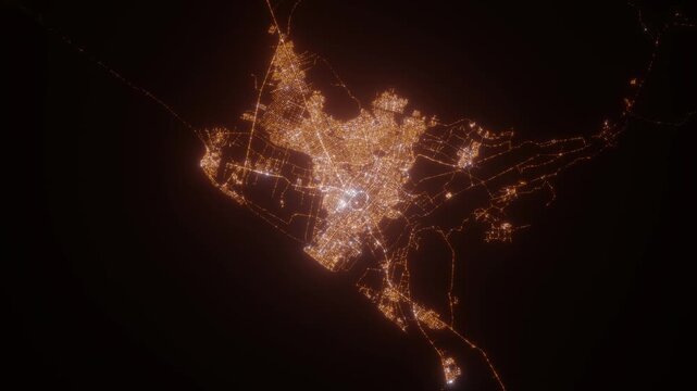 Trujillo (Peru) aerial view at night. Top view on modern city with glow effect. Camera is zooming out, rotating counterclockwise