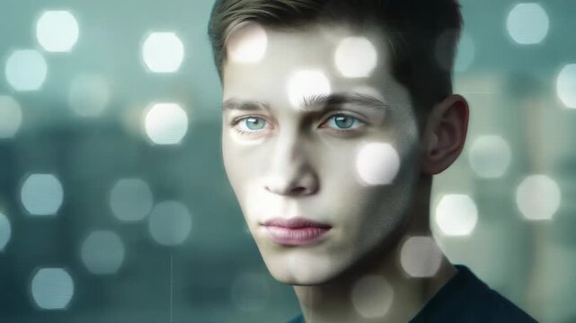 Initializing digital scan on teenage male face against blurred skyline, overlaying luminous shapes