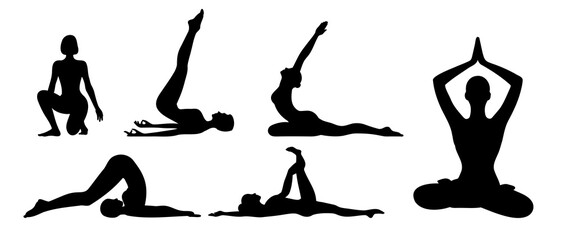 Yoga poses silhouette black filled vector Illustration icon 02.