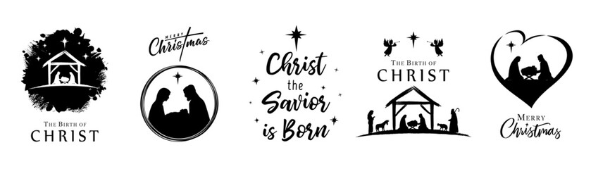 The birth of Christ and Merry Christmas creative nativity set. Creative design for Nativity greeting card or calendar cover. Vector illustration