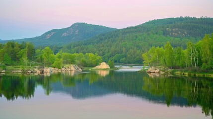 Serene Mountain Lake Scene with Green Trees and Reflection in Calm Water During Twilight