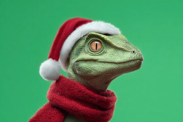 Cute Wild Animal Head Wear Santa Claus Hat. Snake Wearing Santa Hat, Warm Scarf . Green Background. Merry Christmas, New Year Card. Dragon in Red costume. Adorable Animals in Winter Holiday Headdress