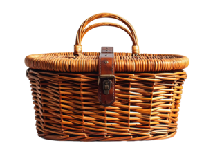 Oval wicker picnic basket with brown leather strap