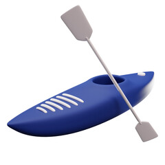 Isolated Blue Kayak with Paddle on Transparent Background 3D Render, Shiny Plastic Blue with White Accent, Canoeing Water Sport Equipment, Minimalist Design and Smooth Texture
