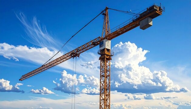 An industrial crane stands tall against a vibrant blue sky dotted with fluffy white clouds, suggesting construction