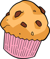 Single Chocolate Chip Muffin in Pink Paper Cup on Transparent Background Tasty Treat Still Life Pastry Light Brown and Dark Brown Dessert Illustration Isolated