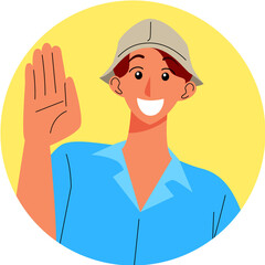 Smiling Cartoon Man Waving Hand Wearing Tan Safari Hat and Blue Shirt on Yellow Circle in White Background