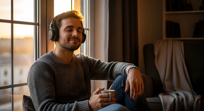 Man listening to music with over-ear headphones, sitting by window, relaxed mood, warm ambient light