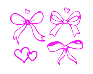A set of pink and purple ribbon bows with a butterfly design for gift decoration and celebration illustration