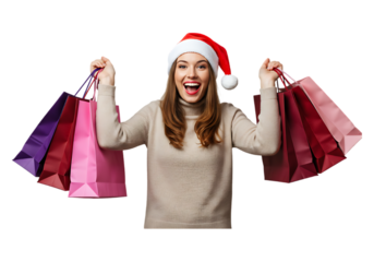 Excited woman in santa hat holding shopping bags isolated on transparent background