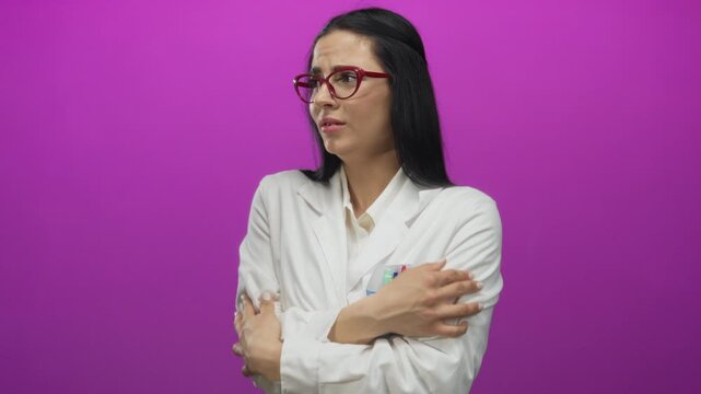 Hispanic woman scientist in white uniform appears concerned against a vivid pink wall.