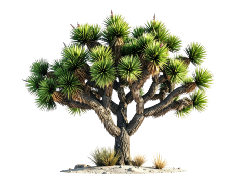 Desert tree with multiple branches and clusters of green leaves