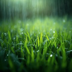 Rain falls on the grass