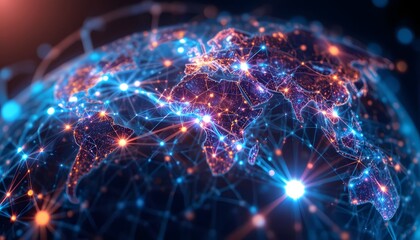 Stunning global network visualization showing interconnected continents for a modern, technological, and vibrant representation of worldwide connectivity