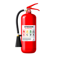 Red fire extinguisher with instructions isolated on transparent background