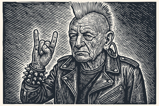 An old punk rocker with a mohawk and a leather jacket shows a rock horn gesture. A rebellious senior portrait in a vintage woodcut vector style.