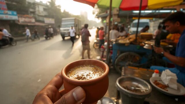 Pouring clay cup of spiced tea, narrator holding cup recording bustle at stall, vendor sipping tea