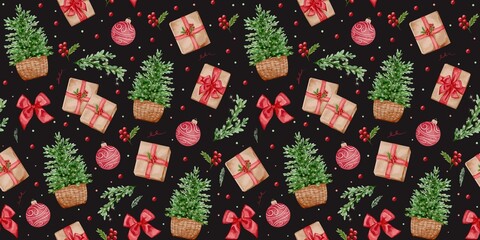Seamless Christmas Pattern with Trees and Presents. Pattern with green pine trees in baskets, wrapped gifts with red bows, red ornaments and festive decorations on black background.