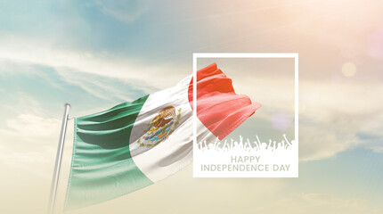 Mexico flag waving proudly under a bright sky with text happy independence day. Mexico national...