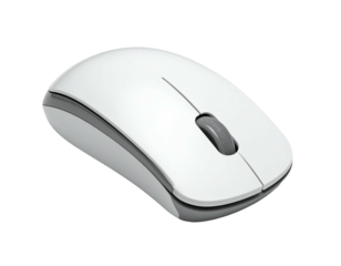 White wireless computer mouse, angled view.  Rounded, ergonomic design.  Gray accents on the bottom and scroll wheel