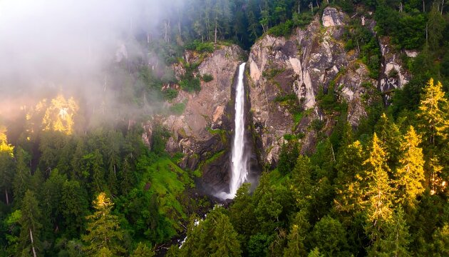Waterfall cascading down rocky cliff face in misty forest - Powered by Adobe