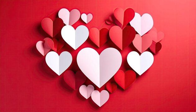Paper hearts arranged in a large heart shape on a red background