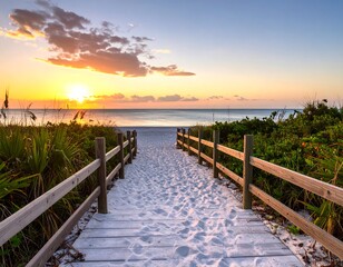 Obraz premium Beach walkway at sunset
