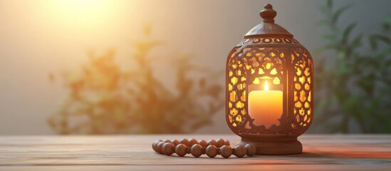 Lantern, candle, beads, sunset, table