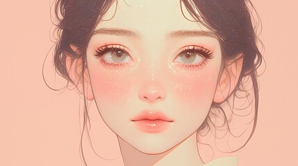 Bold graphic portrait of a woman with red makeup and freckle pattern.