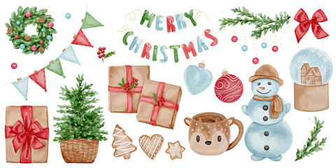 Festive Watercolor Holiday Clipart with Tree and Decorations. Elements set with snowman, tree, wreath, gifts, cookies, ornaments, snow globe, garland, bow, and festive decorations.