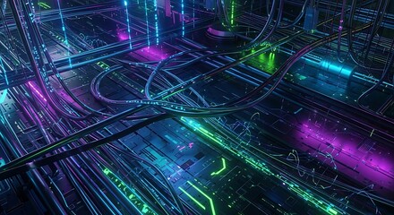 A complex network of glowing wires and circuits in a futuristic, neon-lit environment.