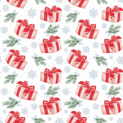 Seamless Christmas pattern with red gift boxes, snowflakes, pine branches, and bows on white background.