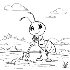 Cute ant with a shovel coloring page