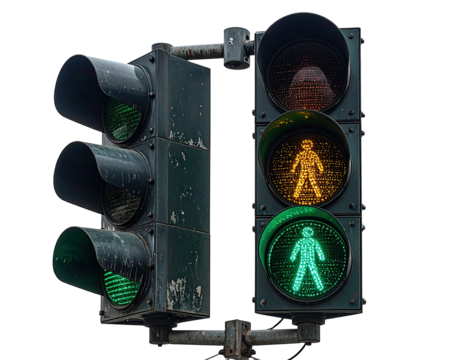 Close-up of a vintage traffic light showing green pedestrian signal - Powered by Adobe