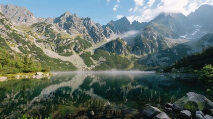 Serene Mountain Lake Scene with Reflective Water and Towering Peaks in Bright Daylight