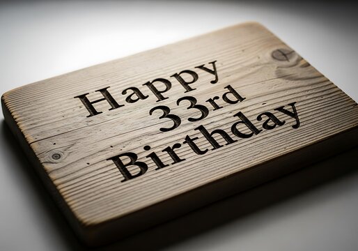 Happy 33rd Birthday Engraved on Rustic Wooden Plank, Spotlight Effect Emphasizing the Carved Text and Natural Wood Details.