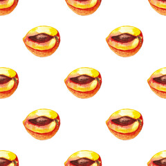 seamless pattern of halved peaches and pits, hand painted watercolor illustration on white background