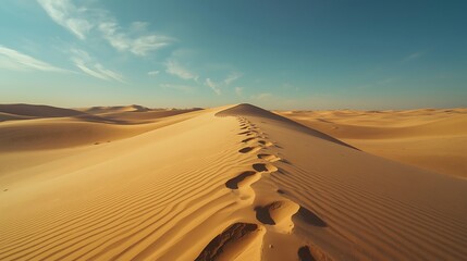 A solitary journey across golden sand dunes under a vast, clear desert sky