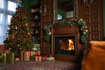 Classical Christmas decorated interior living room with fireplace. Christmas tree with red golden ornament decorations gift boxes. Modern classic style interior design apartment. Christmas eve at home