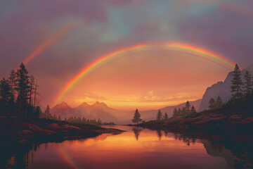 Sunset rainbow over mountain lake landscape
